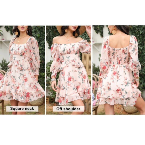 Exlura Dresses & Skirts - EXLURA (NWT) Empire 3/4 Sleeve Peasant Ruffle Mini Dress, Peach/Pink Multi - L